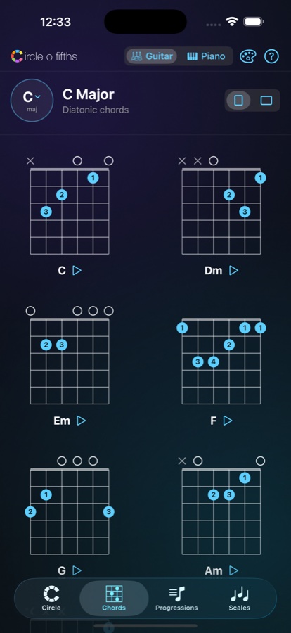 Circle o Fifths chords screen