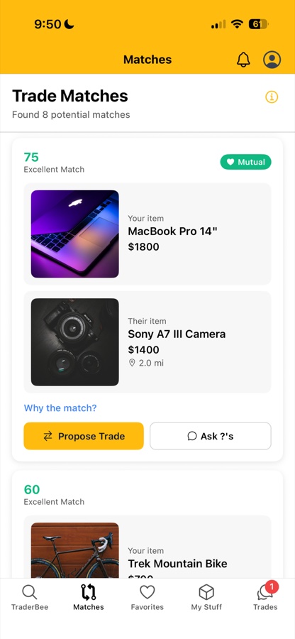 TraderBee trades screen